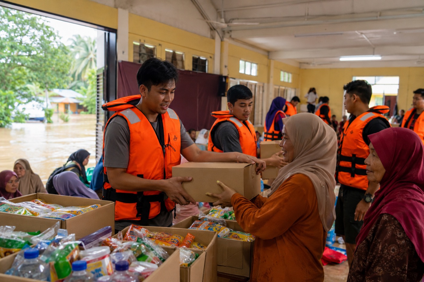 Sukarelawan mengagih kotak bantuan